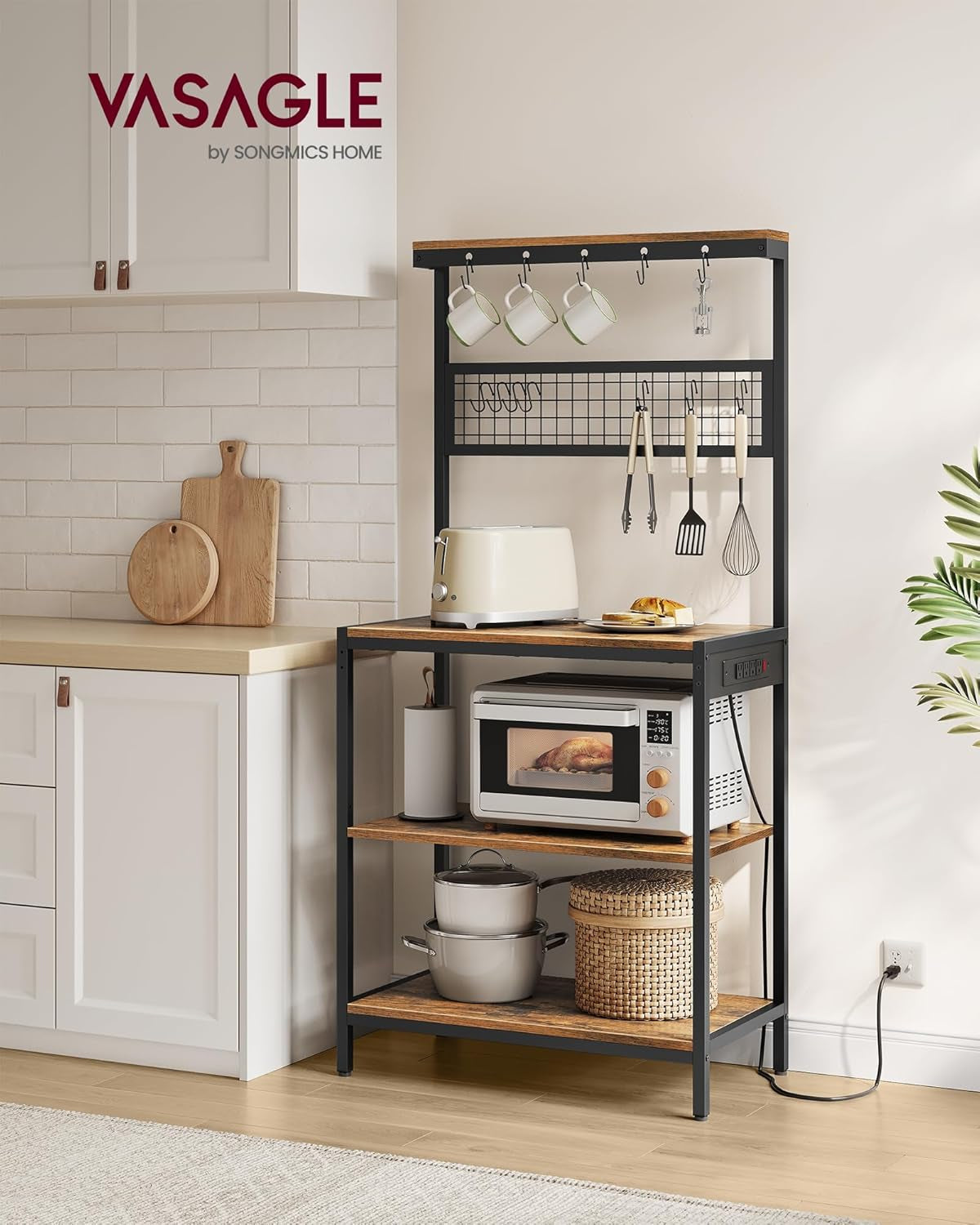 Bakers Rack with Charging Station, 31.5 Inches Coffee Bar Stand with Adjustable Storage Shelf, Grid Panel, 12 Hooks, Table for Microwave, Kitchen, Rustic Brown and Ink Black UKKS016K01