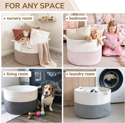 Xxxlarge Blanket Basket for Living Room 21.7" X 21.7" X 13.8"-Storage Basket with Handle for Organizing Toy Pillows Woven Cotton Rope Laundry Basket Stuffed Animal Toy Storage for Play Room