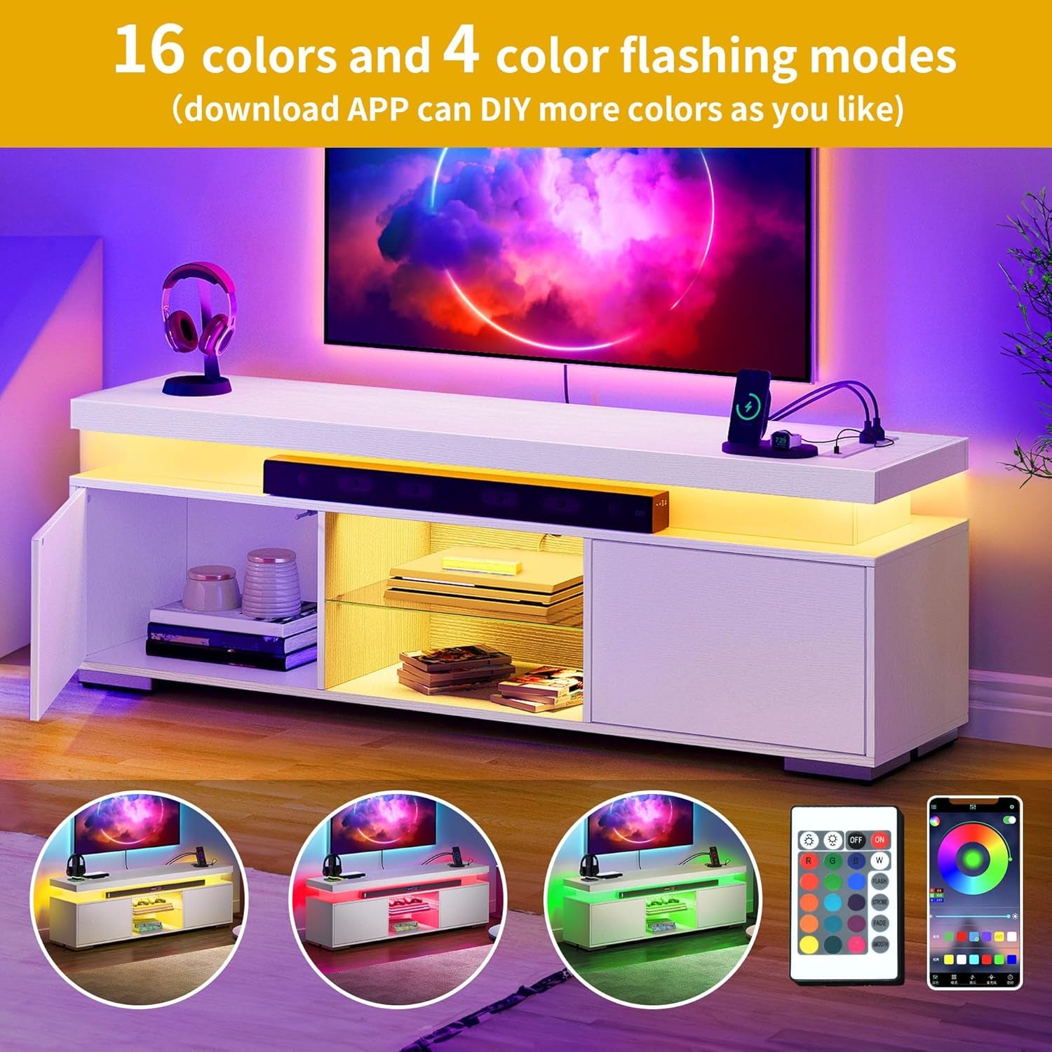 White Modern TV Stand with LED Lights and Power Outlet, Modern Entertainment Center for 55/60/65 Inch, Media Console Table TV Cabinet with Storage, Universal TV Stand for Living Room,White