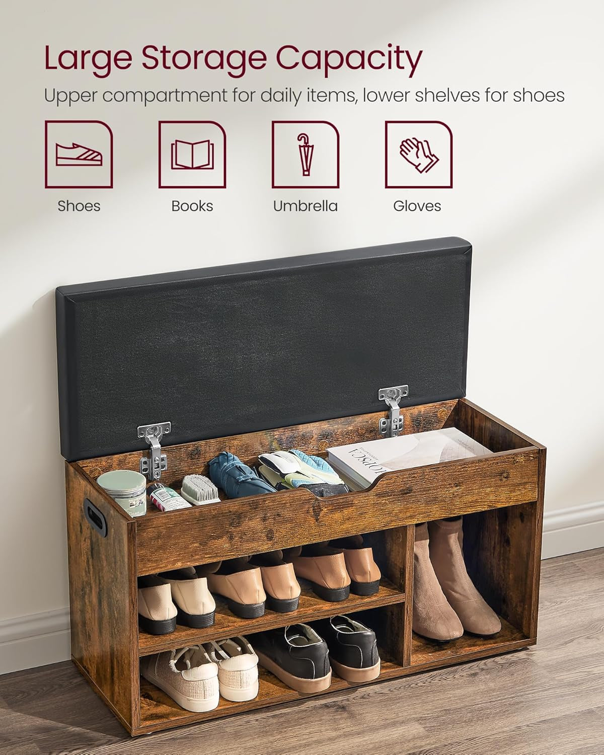 CUSTOS Collection - Storage Bench with Cushion, Shoe Bench, Padded Seat, Hidden Storage, Entryway, Hold up to 300 Lb, 11.8 X 39.4 X 17.3 Inches, Rustic Brown and Ink Black ULHS130B01