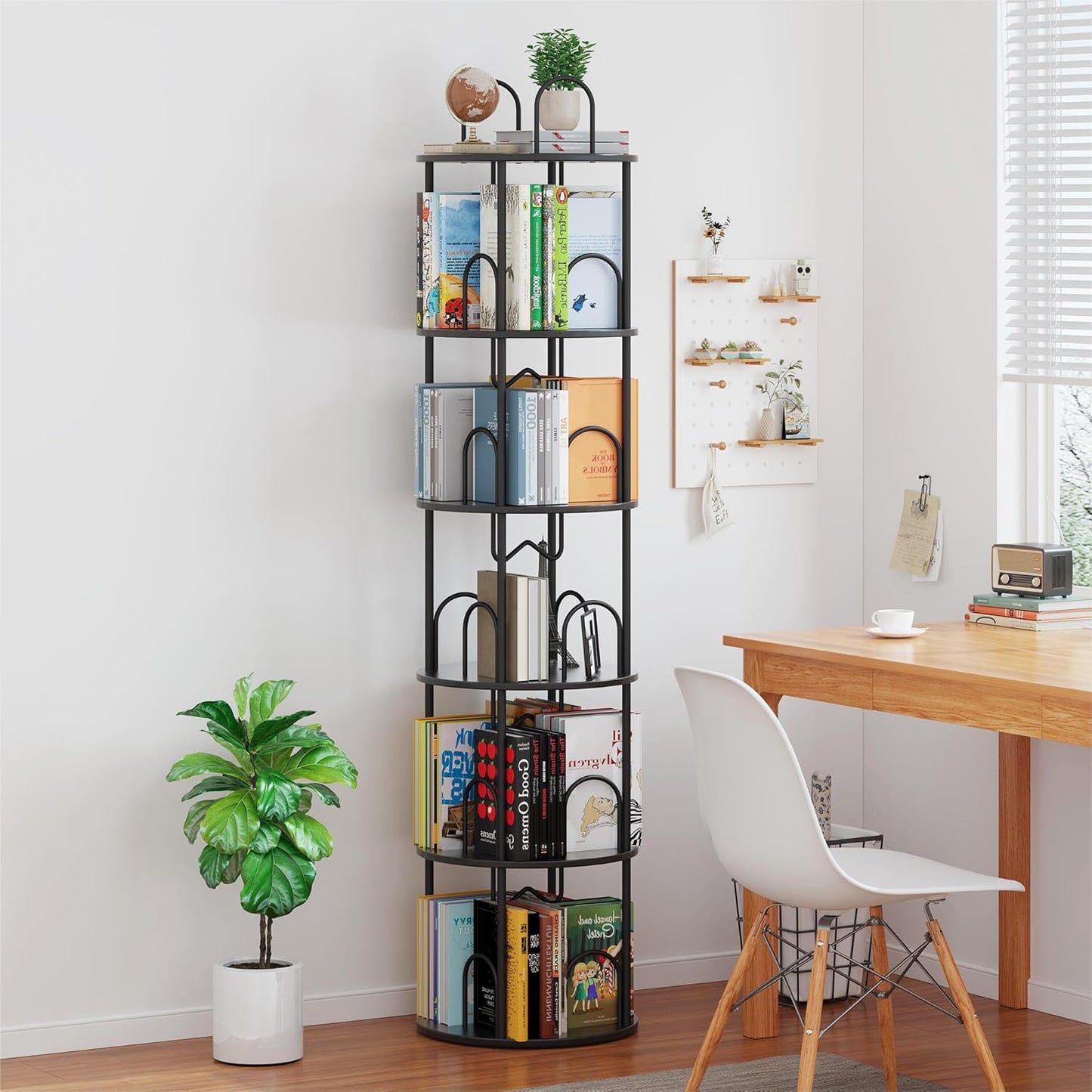 3 Tier Rotating Bookshelf, 360° Spinning Bookshelf Tower, round Narrow Space Saving for Books and Display, Revolving Bookcase Corner Tall Book Shelf for Small Spaces, Bedroom, Living Room, Gold