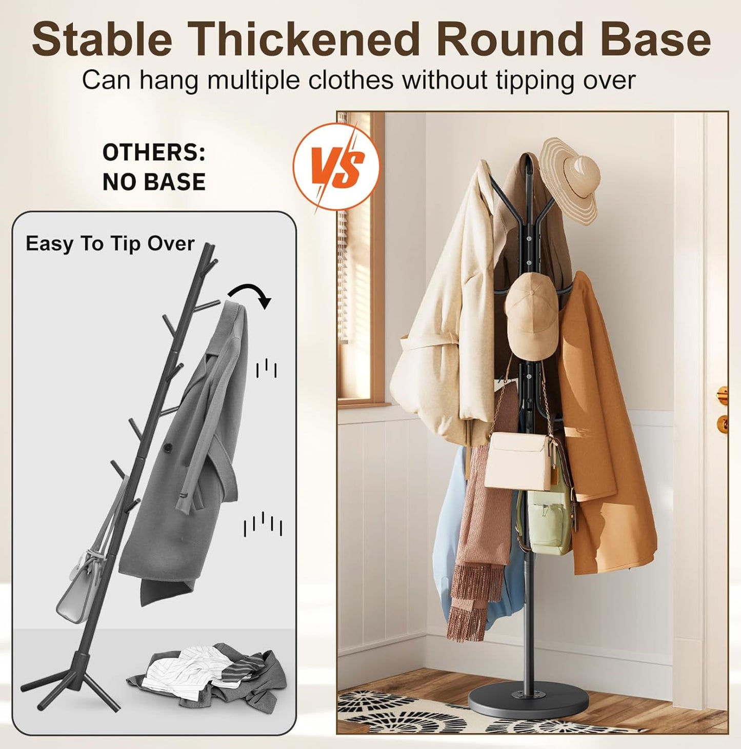 Heavy Duty Coat Rack Freestanding with Stable Wood Base Modern Black Coat Tree with 12 Hooks Adjustable Coats Hanger Stand Stylish Standing Clothes Tree for Entryway Bedroom Corner Hall