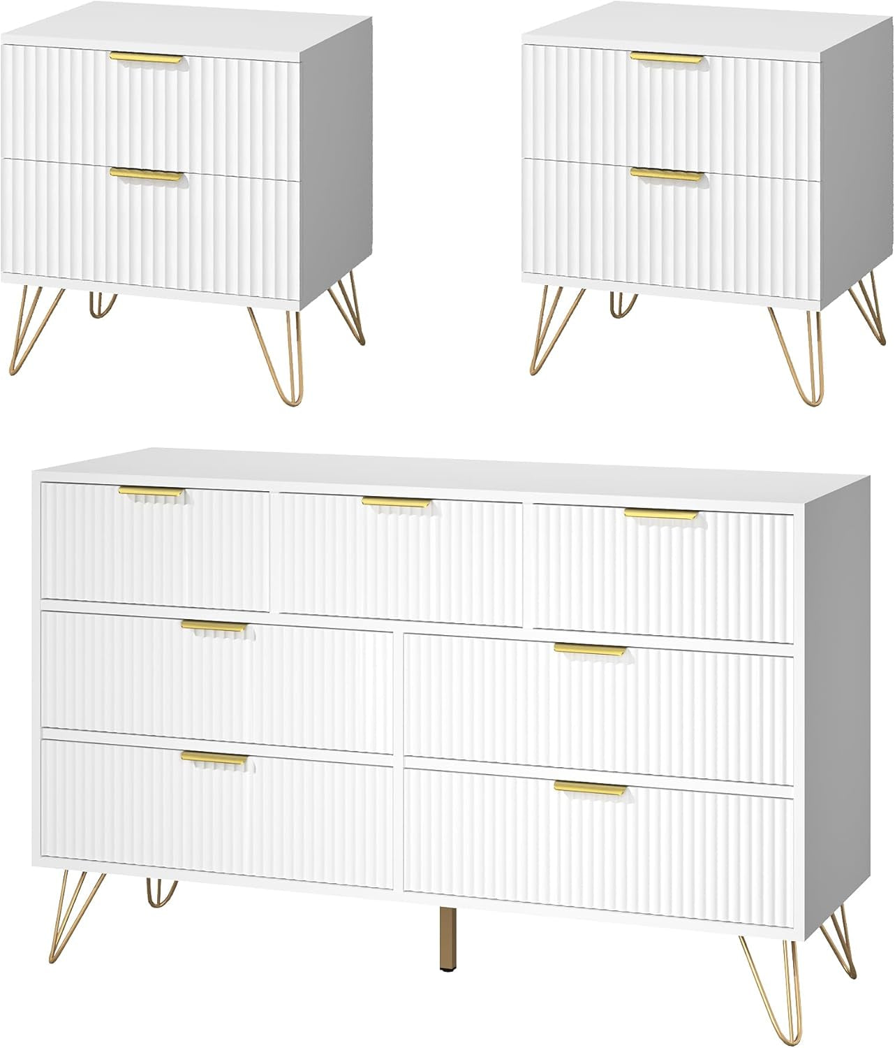 7 Drawer Dresser and Nightstand Sets for Bedroom, 3 Pcs Fluted Bedroom Set，Night Stand Set of 2 & 7 Drawer Dresser with Golden Handles, Wood Chest of Drawers Storage Cabinet Set, White