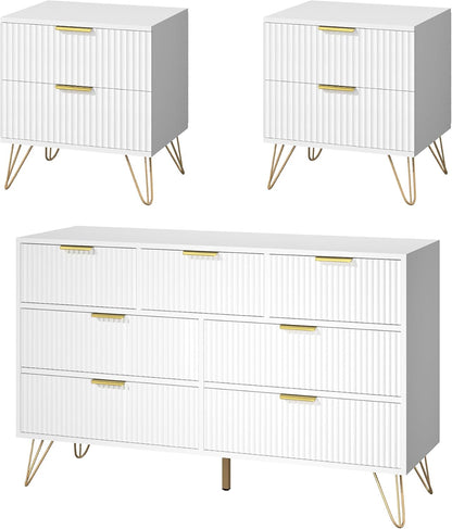 7 Drawer Dresser and Nightstand Sets for Bedroom, 3 Pcs Fluted Bedroom Set，Night Stand Set of 2 & 7 Drawer Dresser with Golden Handles, Wood Chest of Drawers Storage Cabinet Set, White