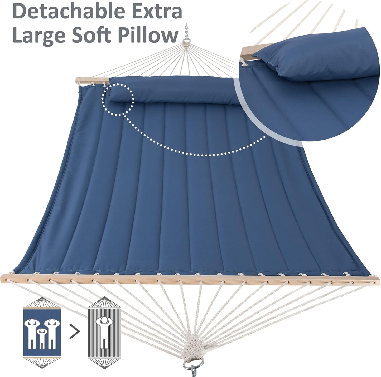 Double Outdoor Hammock with Hardwood Spreader Bar, Extra Large Pillow, 475 Lbs Capacity, Heavy Duty 2 Person Hammock, Blue