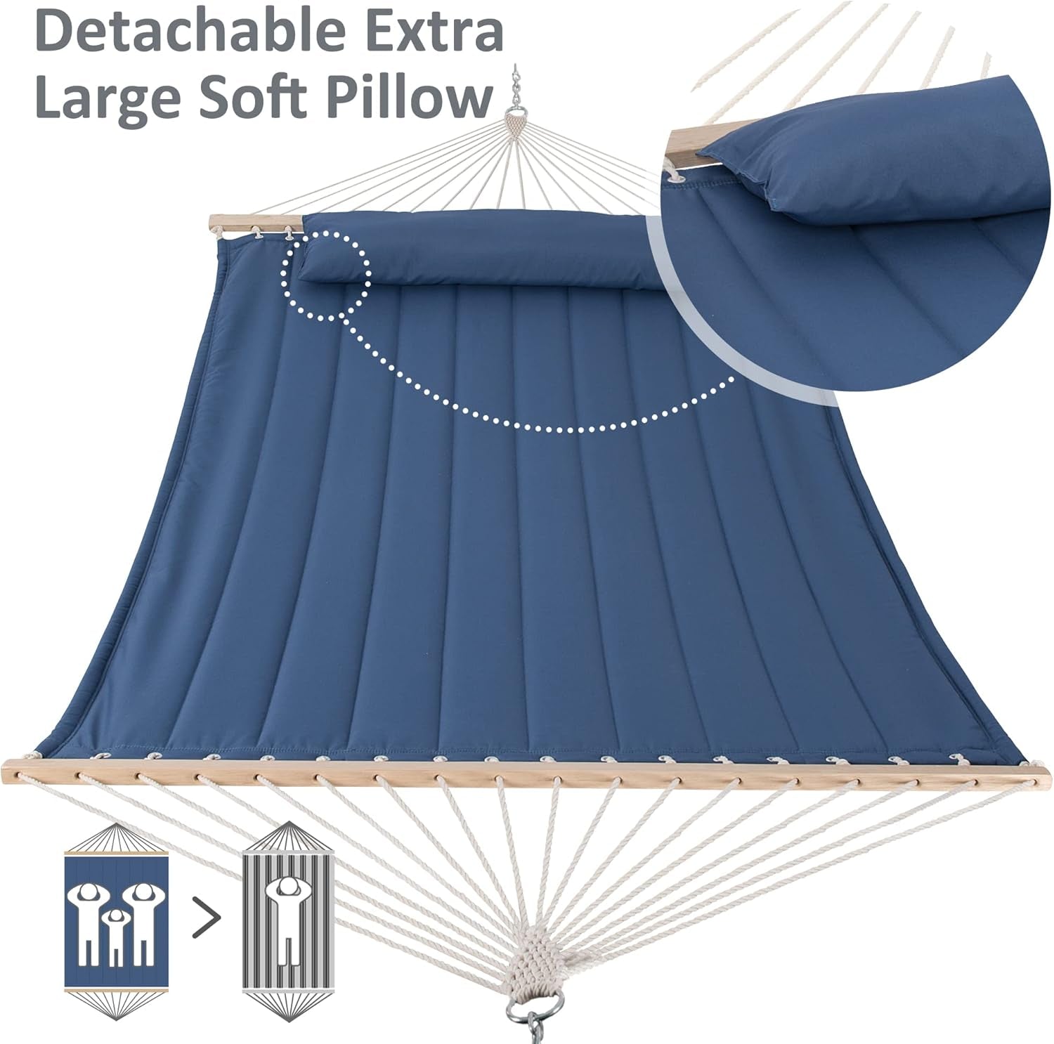 Double Outdoor Hammock with Hardwood Spreader Bar, Extra Large Pillow, 475 Lbs Capacity, Heavy Duty 2 Person Hammock, Blue