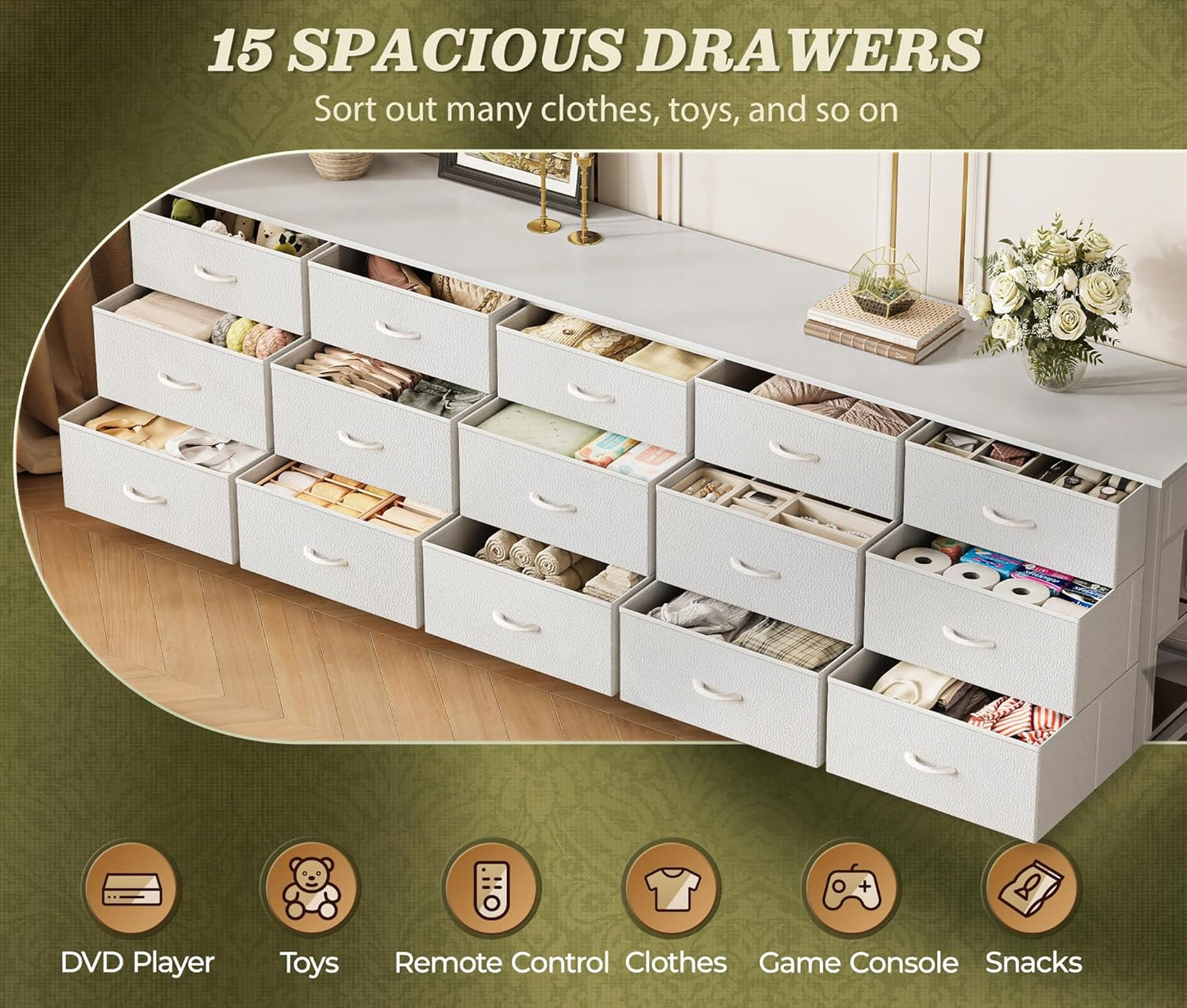 78.7 Inch Long Dresser for Bedroom, 15 Drawer Fabric Dresser for Closet, Large TV Stand for 65, 75, 85 Inch TV, Wide Chest of Drawer with Storage, 78.7" W X 12.9" D X 26.7" H, White