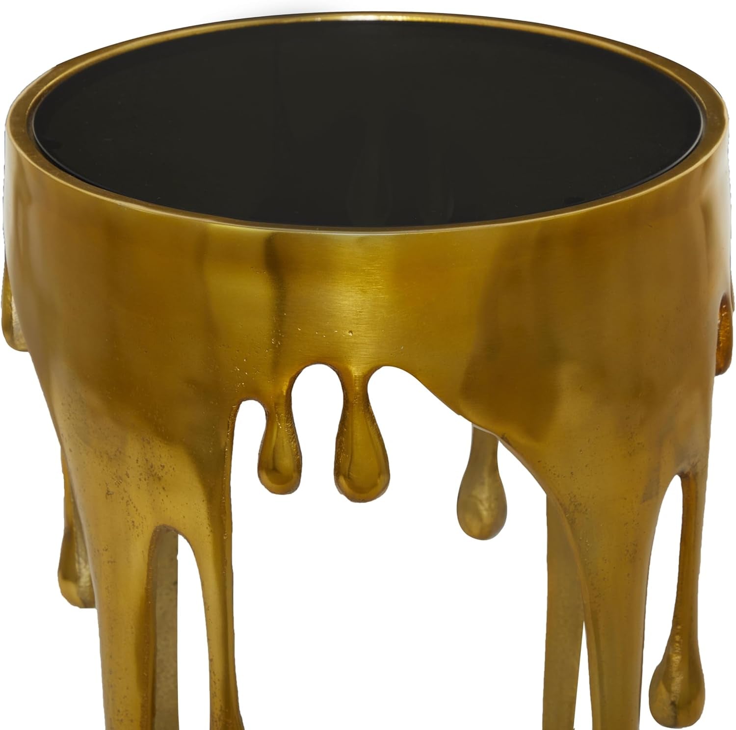 Aluminum Metal Abstract Melting Drip Accent Table with Melting Design and Shaded Glass Top, 16' X 16' X 25', Gold