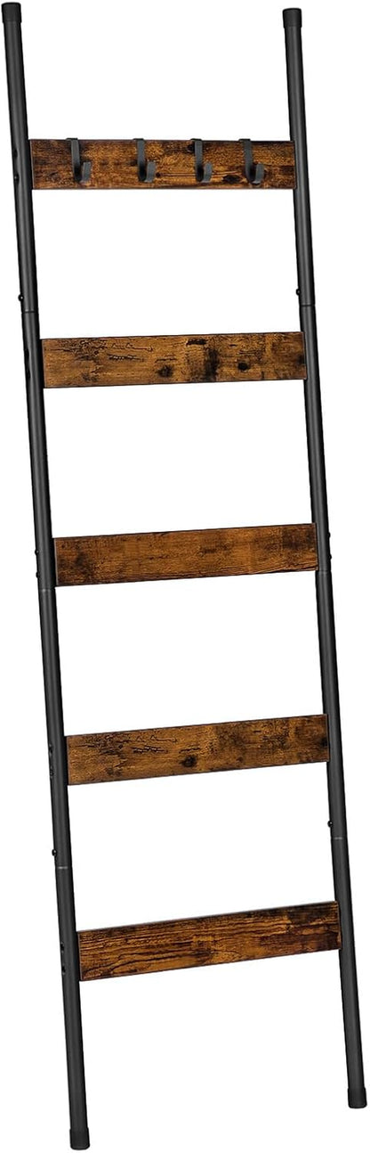 Blanket Ladder, 5-Tier Towel Rack with Hooks, Wall-Leaning Blanket Rack, Decorative Display Ladder Shelf, for Scarves, Industrial, Living Room, Bedroom, Rustic Brown and Black BF52CJ01