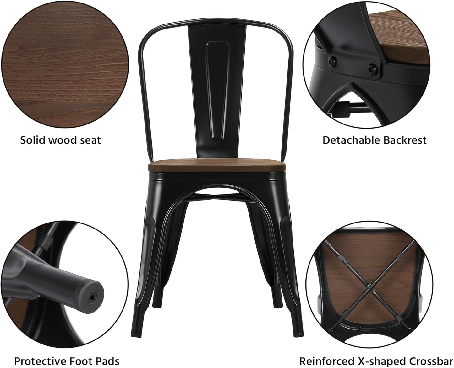 Metal Dining Chairs Set of 4, Industrial Stackable Kitchen Chairs with Wood Top Seat for Dining Room/Restaurant/Bistro/Patio, Indoor & Outdoor Use, Black