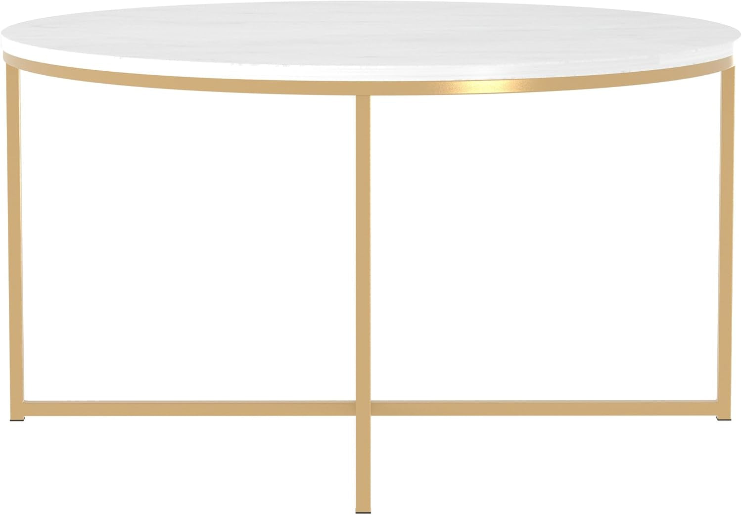 Modern Glam round Accent Faux White Marble Coffee Table with Gold X-Base, 36 Inch