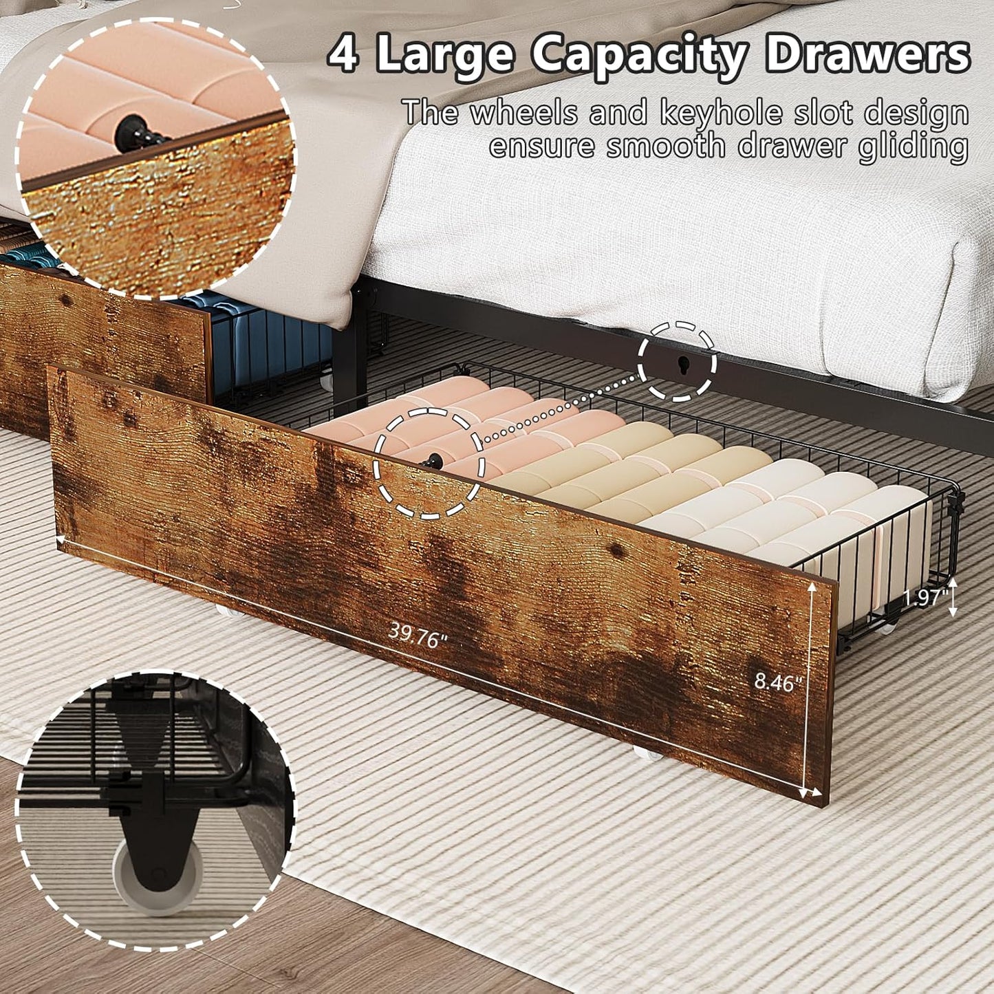 Queen Bed Frame with 4 Storage Drawers and Headboard, Metal Platform Panel Bed with Charging Station and RGB LED Lights, No Box Spring Needed, Noise Free, Easy Assembly, Vintage Brown