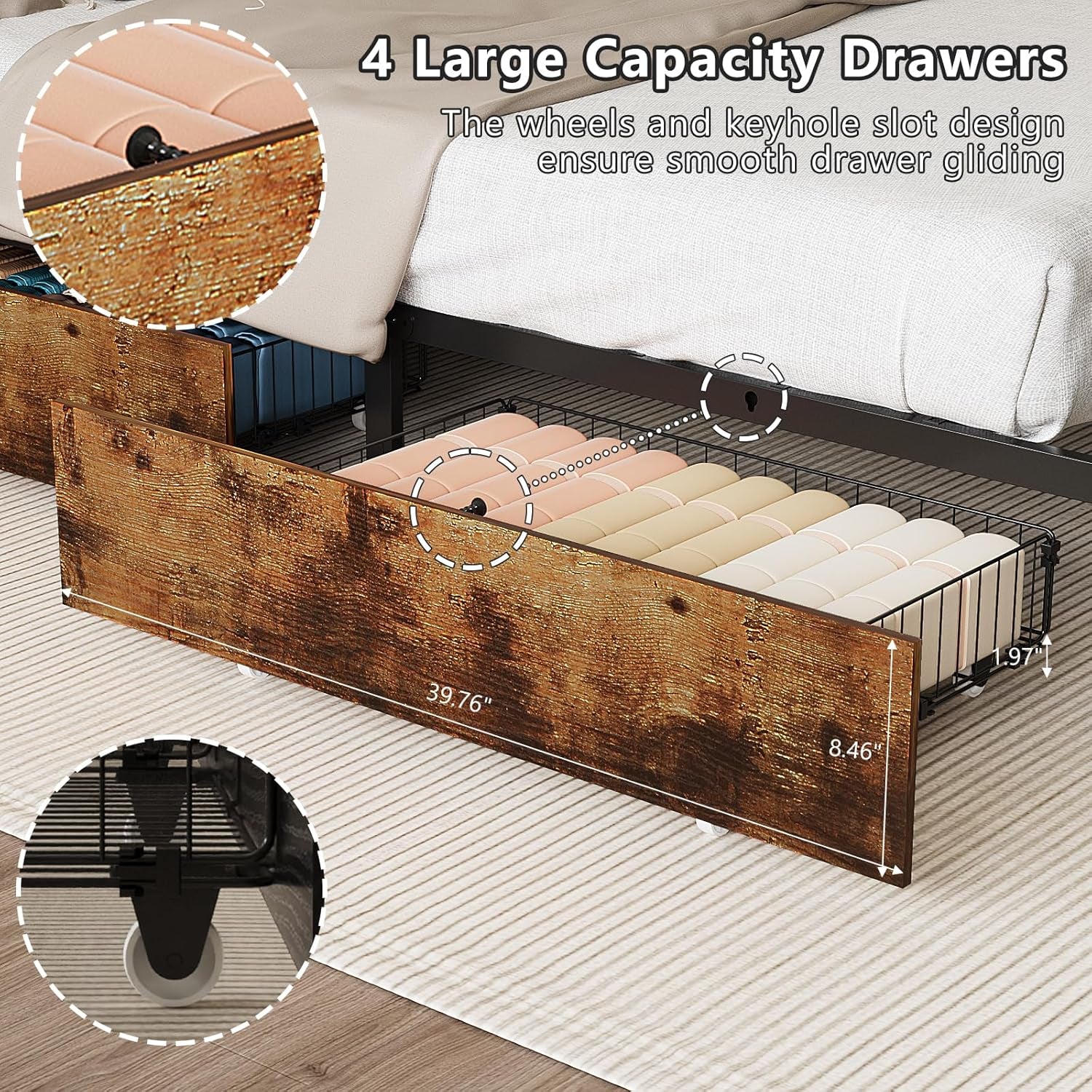 Queen Bed Frame with 4 Storage Drawers and Headboard, Metal Platform Panel Bed with Charging Station and RGB LED Lights, No Box Spring Needed, Noise Free, Easy Assembly, Vintage Brown