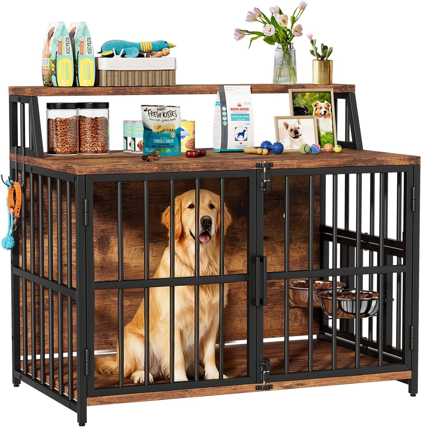 Heavy Duty Dog Crate Furniture -  40” Large Dog Kennel Furniture with Elevated Stainless Steel Bowls, Wooden Dog Crate with Storage, Brown Dog Crates for Small Medium Dogs
