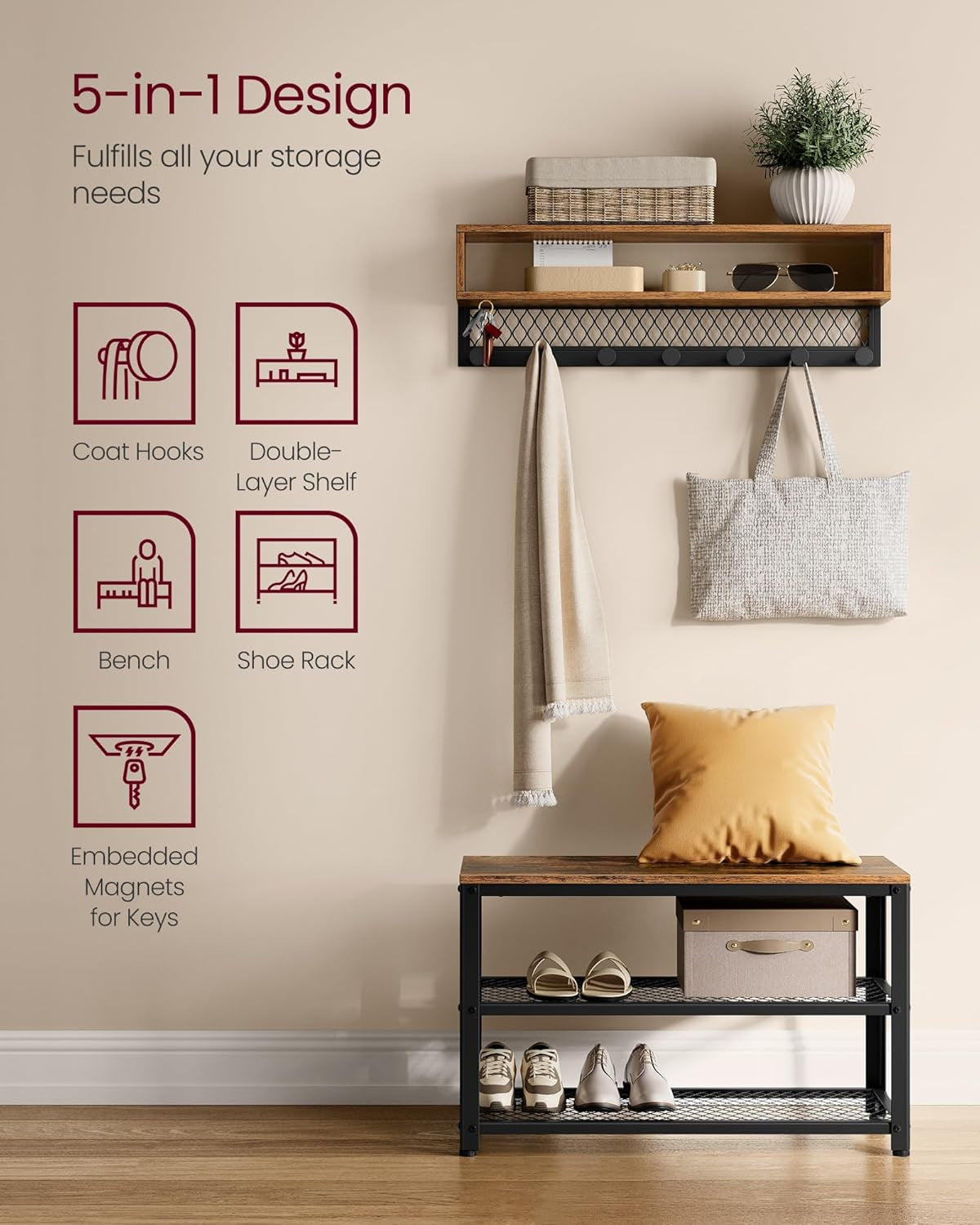 Coat Rack Shoe Bench Set, Hall Tree with Bench, Entryway Furniture, Multifunctional, Dot Coat Hooks, 2-Tier Shoe Rack, Industrial Style, for Entryway, Hallway, Rustic Brown ULCR073K01