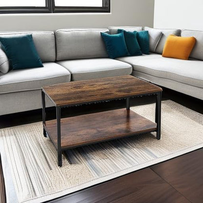 2-Tier Industrial Coffee Table with Storage Shelf for Small Apartment Living Room, Rectangle Wood and Stable Metal TV Stand Side End Table, Rustic Brown