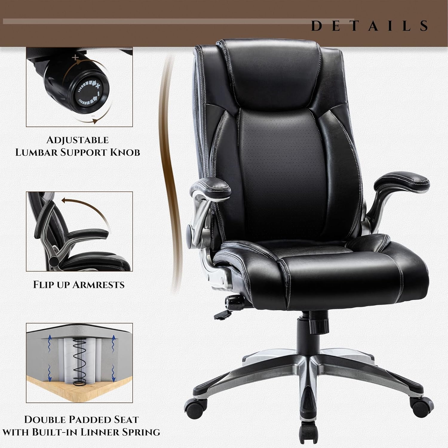 Executive Office Ergonomic Chair with Thick Bonded Leather, Flip-Up Armrests, High Back Adjustable Height and Tilt for Working, Study, Gaming