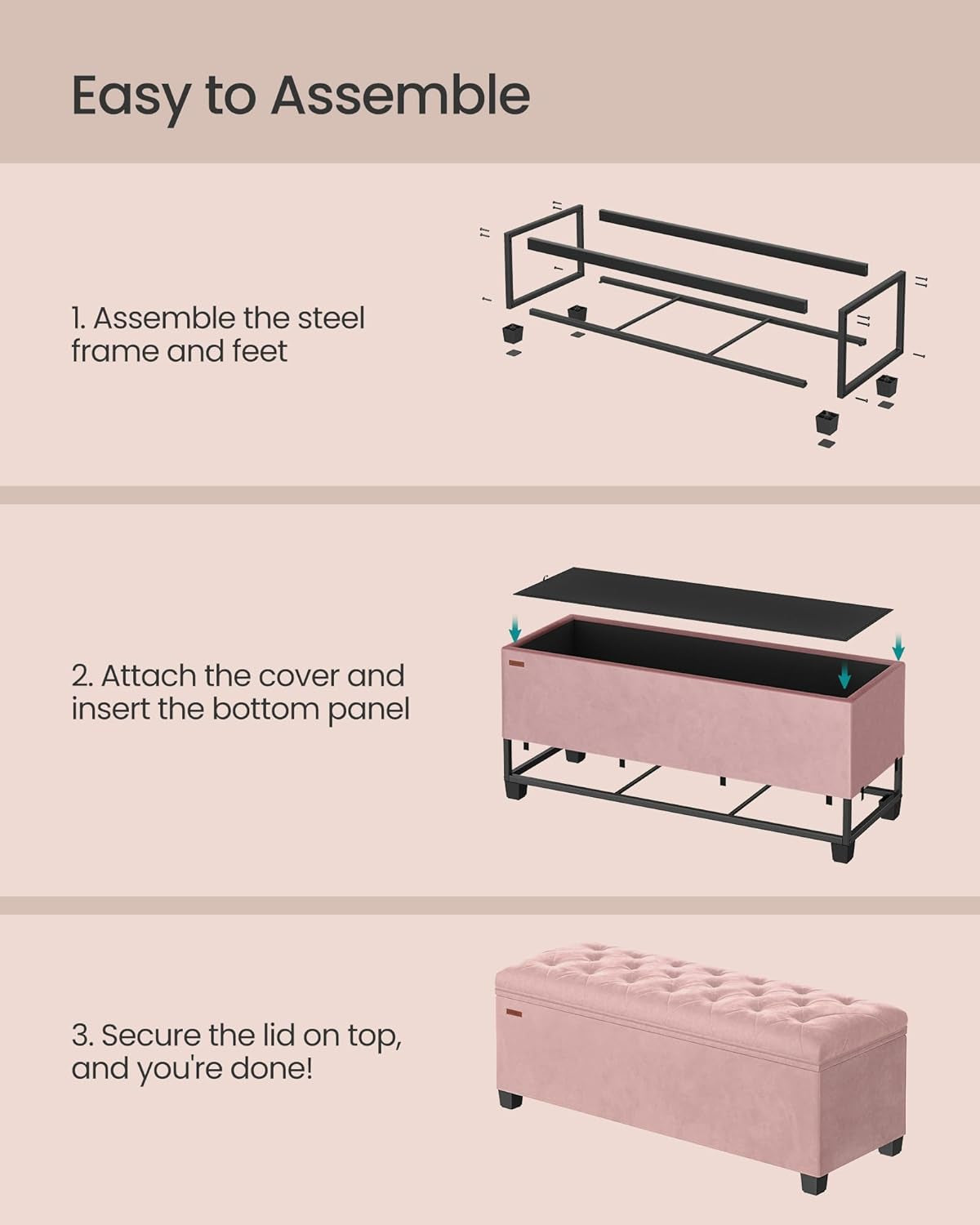 Velvet Storage Ottoman Bench, Foot Rest with Legs, 15.7 X 43 X 15.7 Inches, End of Bed Bench, Storage Chest, Load up to 660 Lb, for Living Room, Bedroom, Entryway, Jelly Pink ULSF089R01