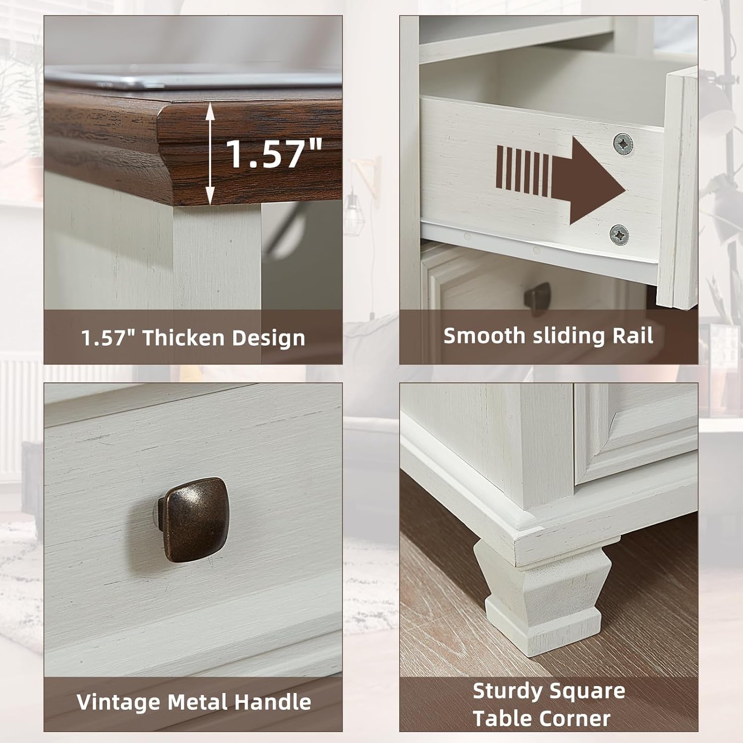 Farmhouse Nightstand Set of 2 with Charging Station, Rustic White Nightstand,2 Drawers End Table for Living Room,Bedside Table with Open Shelf for Bed Room,White