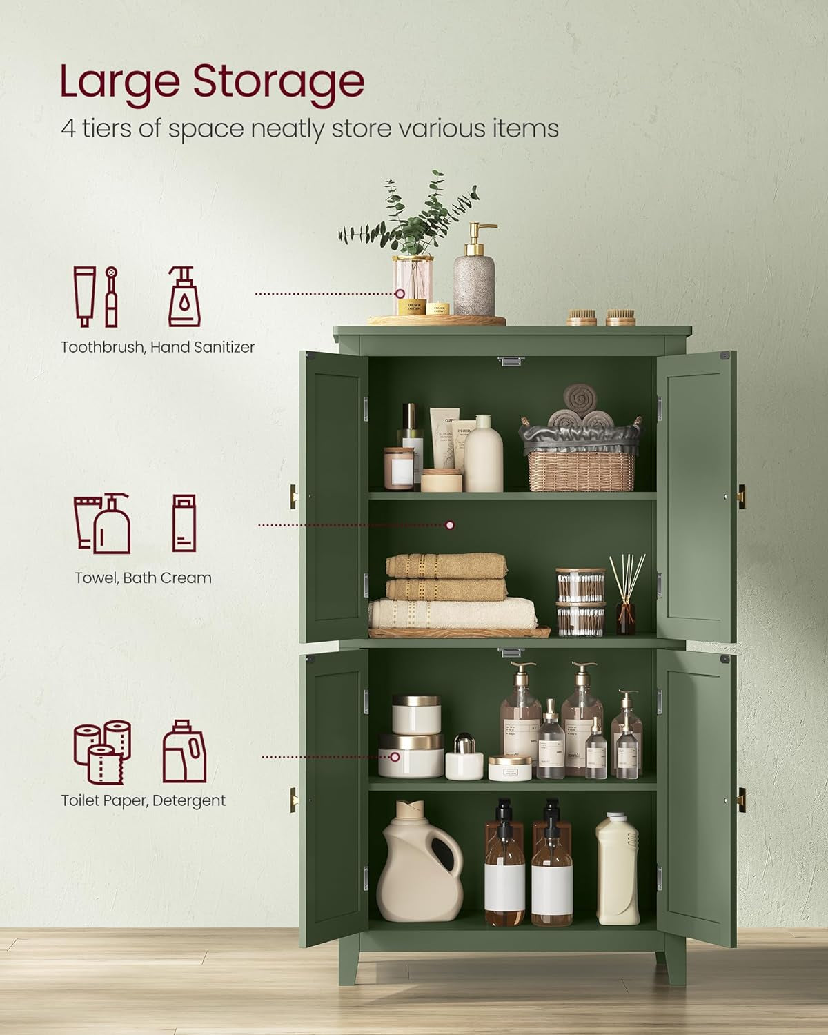 Bathroom Floor Storage Cabinet, Bathroom Storage Unit, Freestanding Cabinet with 4 Doors, Adjustable Shelves, 11.8 X 23.6 X 43.3 Inches, Forest Green UBBC552C01