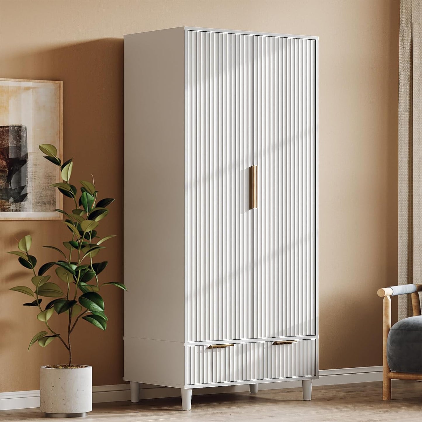 Fluted Wardrobe Closet Armoire with Doors and Drawers, White Wardrobe Cabinet with Hanging Rack, Bedroom Closet Wood, Free Standing Armoire with Shelf and Solid Wood Legs, 31.5"W*19.7"D*69.3"H