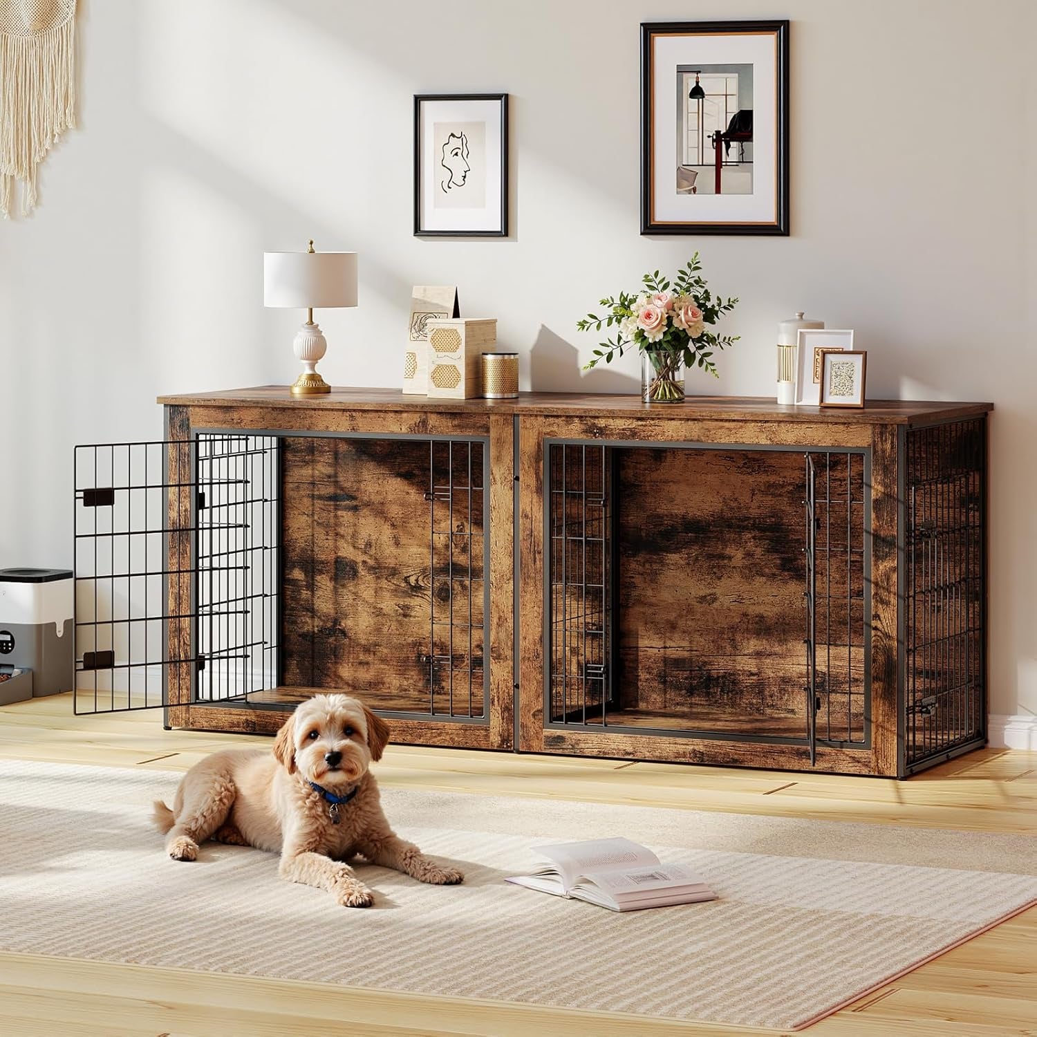 Dog Crate Furniture for 2 Dogs, 63" Large Double Dog Crate Furniture with Divider, Wooden Indoor Kennel TV Stand for Medium Large Dogs, Rustic Brown BF55GW03