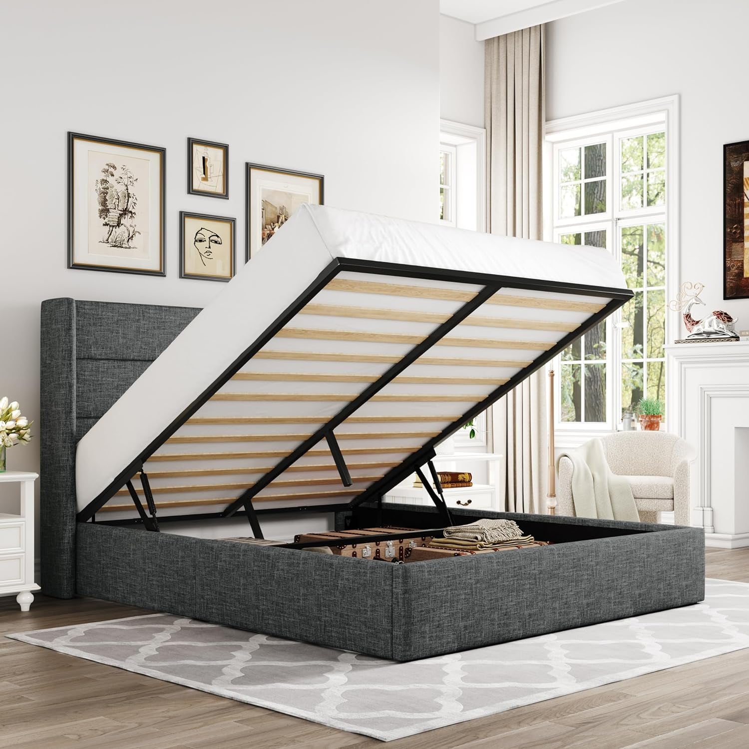 Queen Size Lift up Storage Bed, Modern Wingback Headboard, Hydraulic Support, No Box Spring Needed, Dark Grey