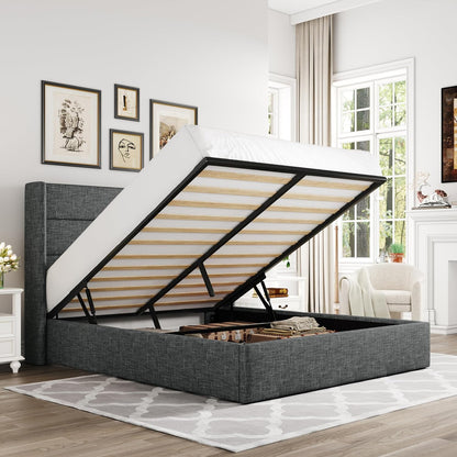 Queen Size Lift up Storage Bed, Modern Wingback Headboard, Hydraulic Support, No Box Spring Needed, Dark Grey