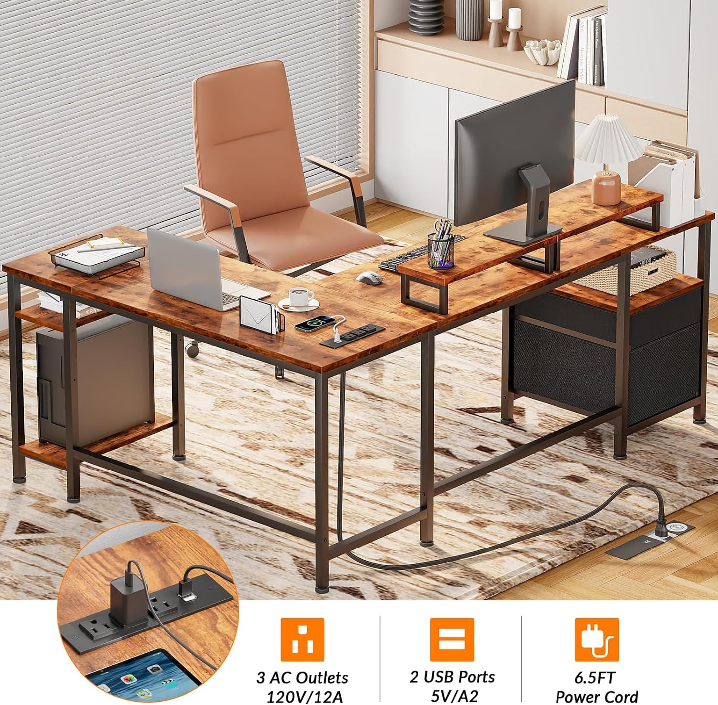 66” L Shaped Desk with Power Outlet, Reversible Computer Gaming Desk with File Drawer & 2 Monitor Stands for Home Office with Storage Shelves, White