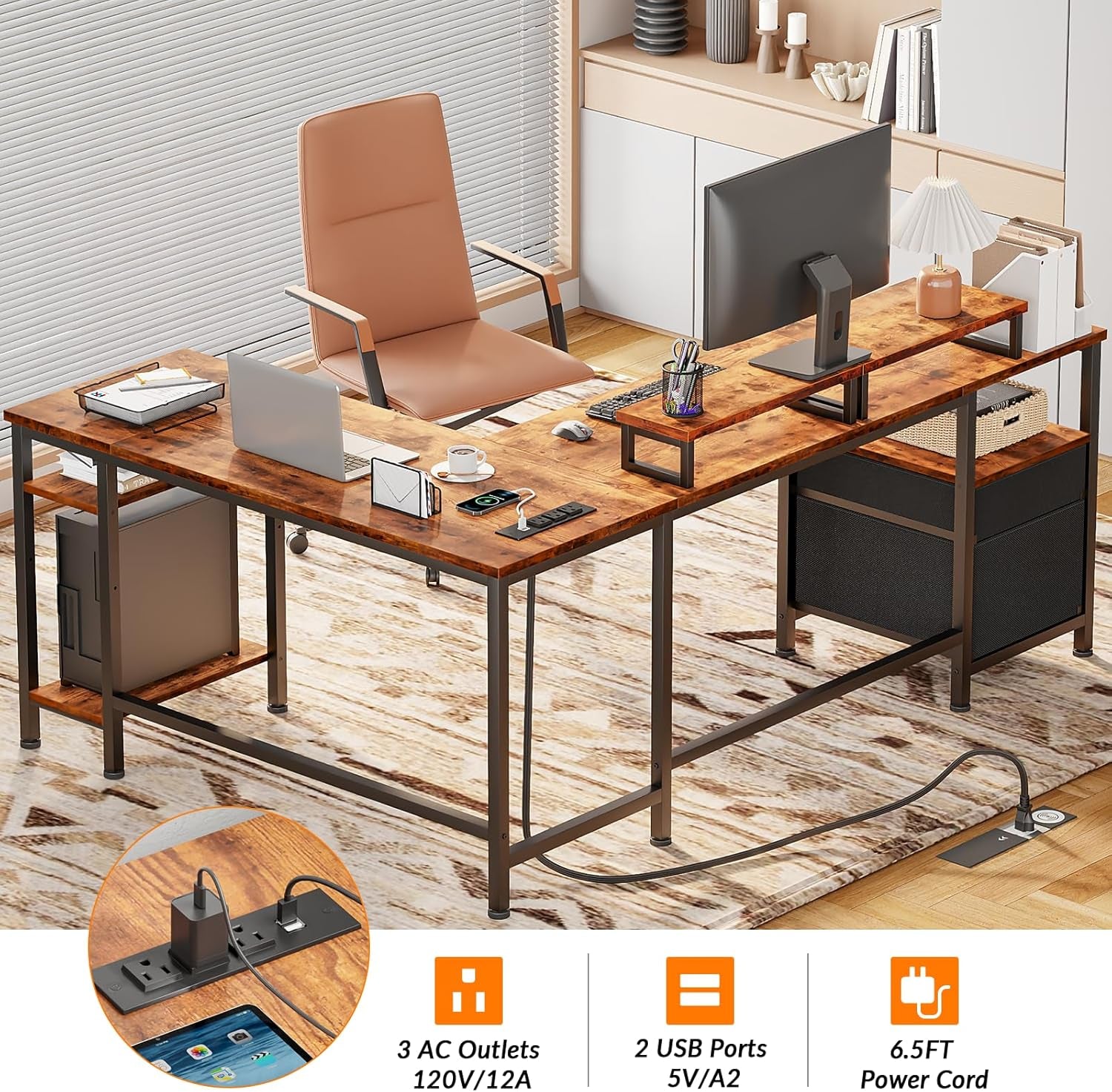 66” L Shaped Desk with Power Outlet, Reversible Computer Gaming Desk with File Drawer & 2 Monitor Stands for Home Office with Storage Shelves, White