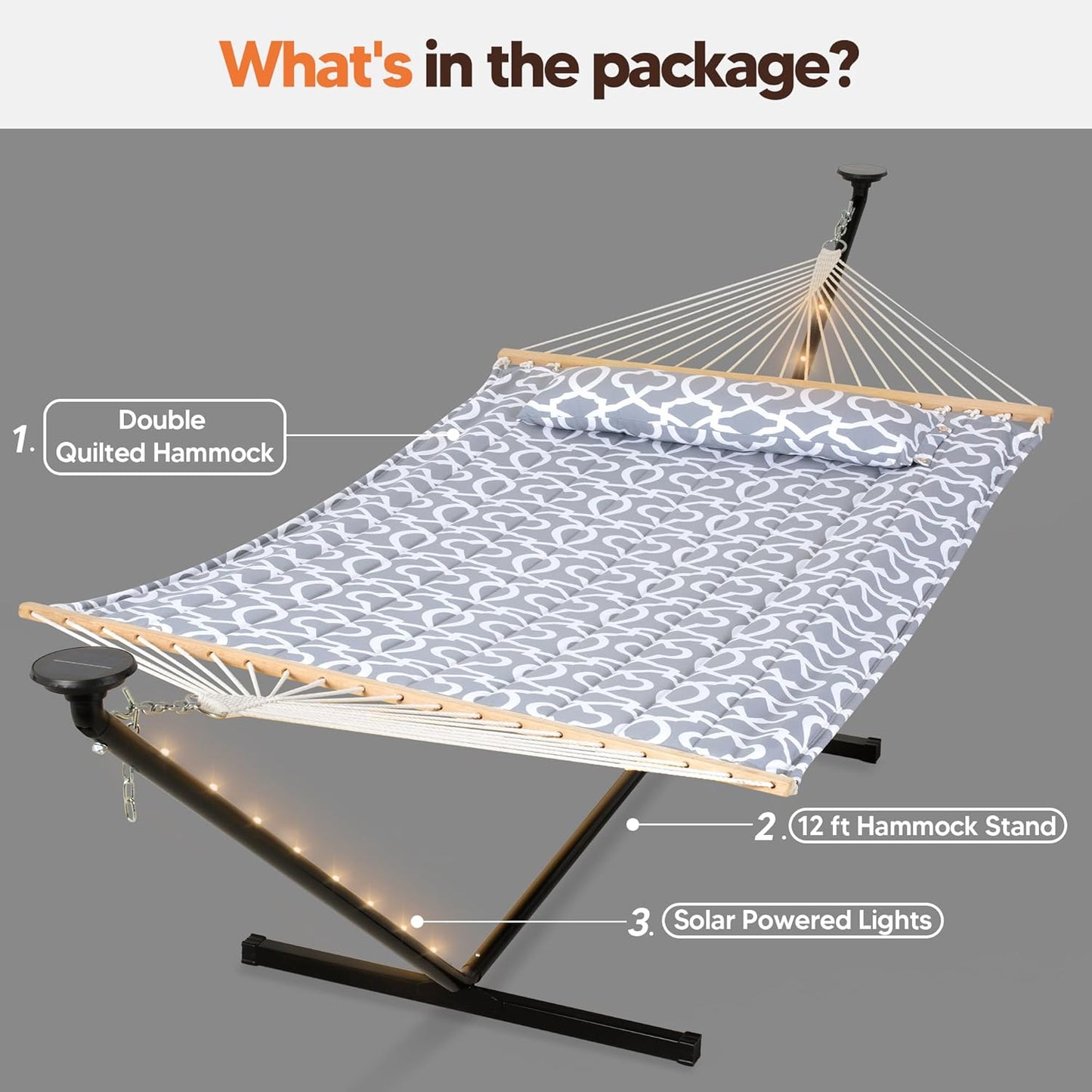 Hammocks Outdoor 2 Person Hammock with Solar Powered Lights, Double Hammock with 12 Ft Stand Included, Light Gray