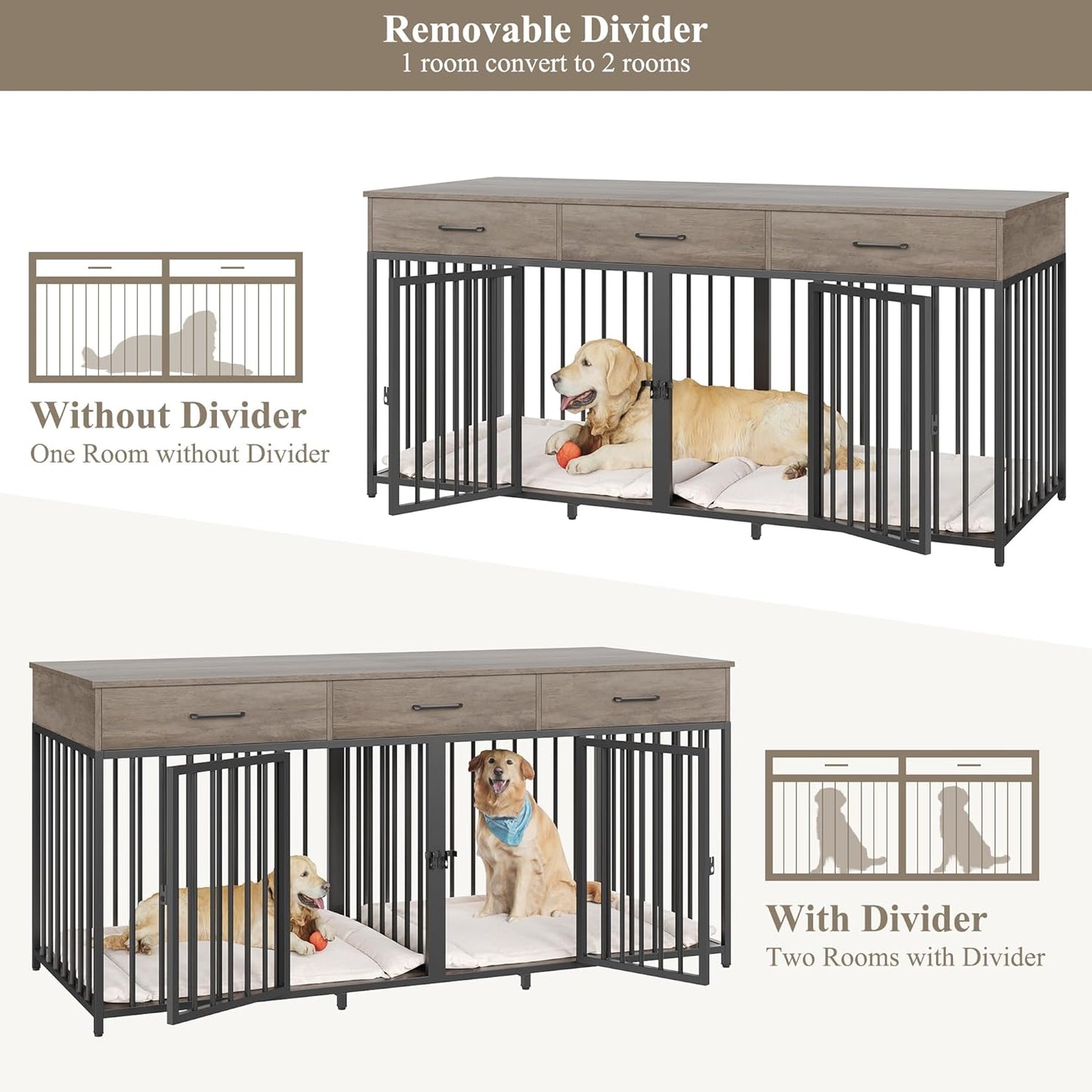 Double Dog Crates Furniture, 71" Wide Indoor Dog Kennel with 3 Drawers, Farmhouse Dog Cage for 2 Large/Medium Dogs, Heavy Duty Dog Crate with Removable Divider, Wooden Pet House, Ash Grey