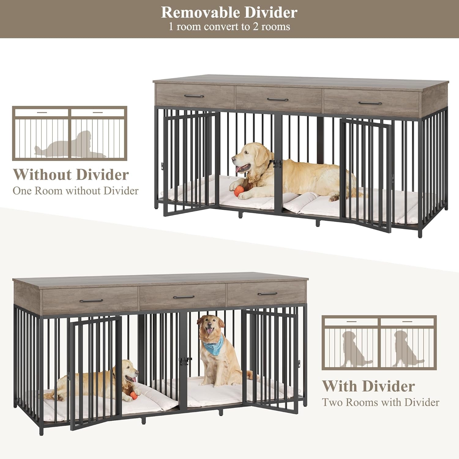 Double Dog Crates Furniture, 71" Wide Indoor Dog Kennel with 3 Drawers, Farmhouse Dog Cage for 2 Large/Medium Dogs, Heavy Duty Dog Crate with Removable Divider, Wooden Pet House, Ash Grey