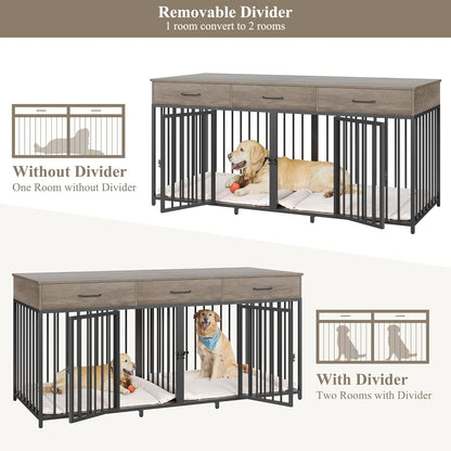 Double Dog Crates Furniture, 71" Wide Indoor Dog Kennel with 3 Drawers, Farmhouse Dog Cage for 2 Large/Medium Dogs, Heavy Duty Dog Crate with Removable Divider, Wooden Pet House, Ash Grey