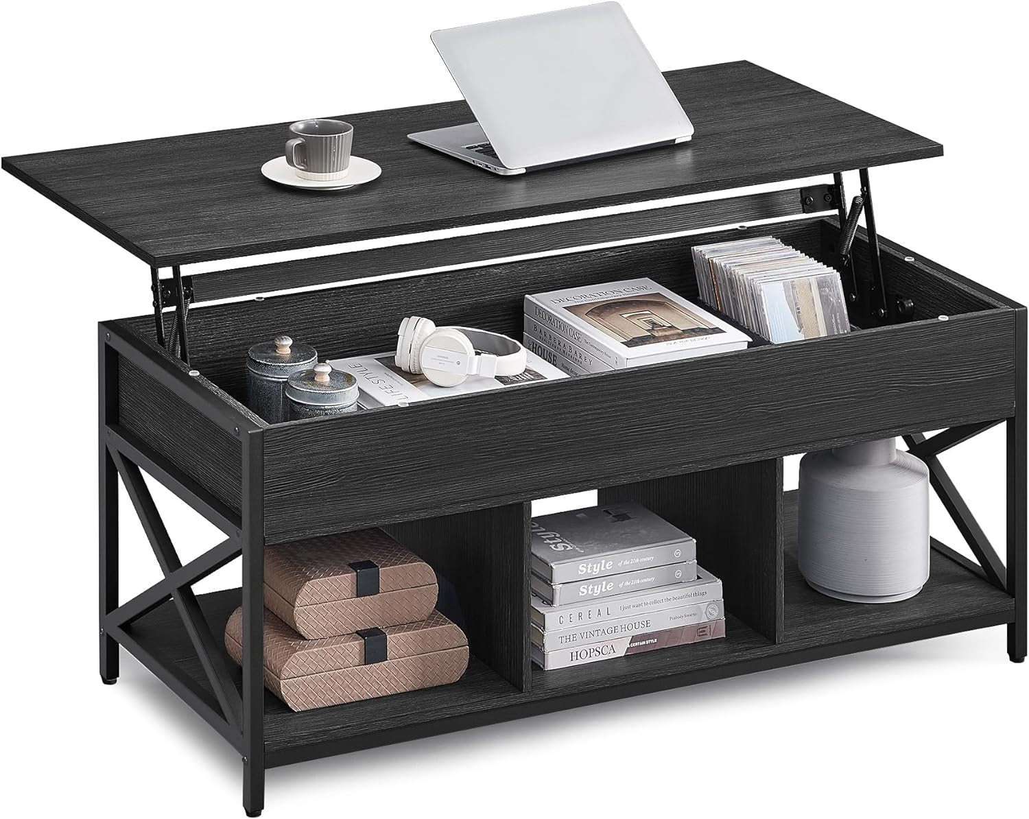 Lift Top Coffee Table, Lift Coffee Table with Storage Shelf, Hidden Compartments and Lifting Top, for Living Room, Office, 19.7 X 47.2 X (19.3-24.4) Inches, Black with Wood Grain ULCT212B22