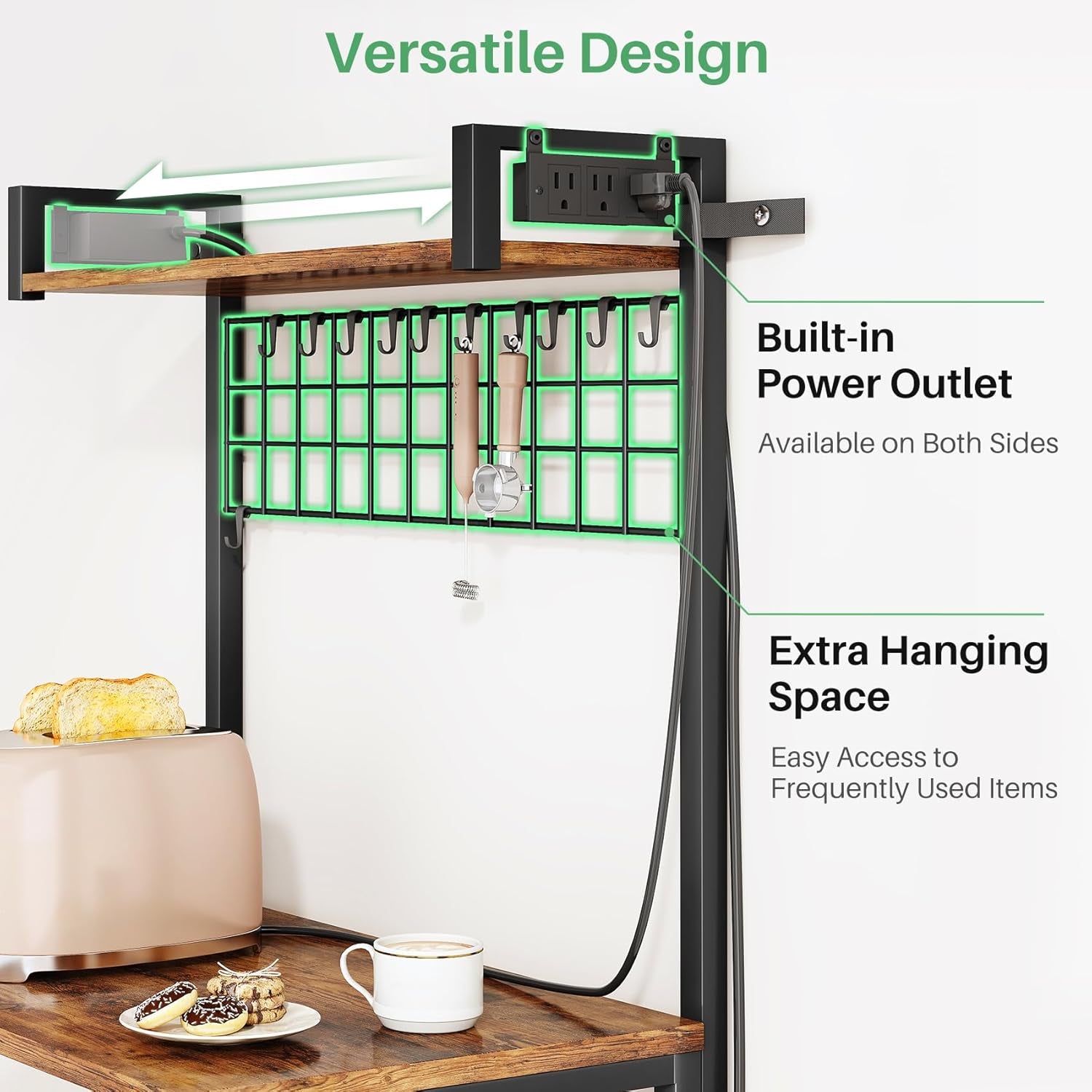 Bakers Rack with Power Outlet, Kitchen Shelves Microwave Stand with Wire Grid and 10 Hooks, 4 Tiers Coffee Stand (Rustic Brown, 23.5 X 15.6 X 52.8 Inches)