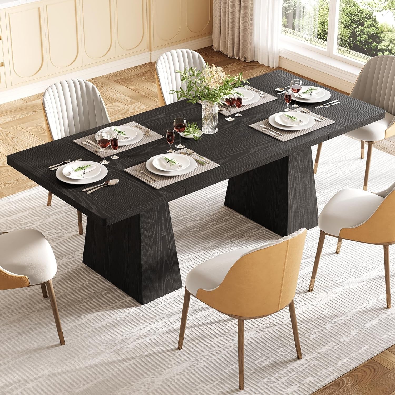 Dining Table for 4-6 People, Wooden Table, Rectangle Furniture with Heavy Duty Legs, Modern Kitchen Table for Home, Dining Room, Black