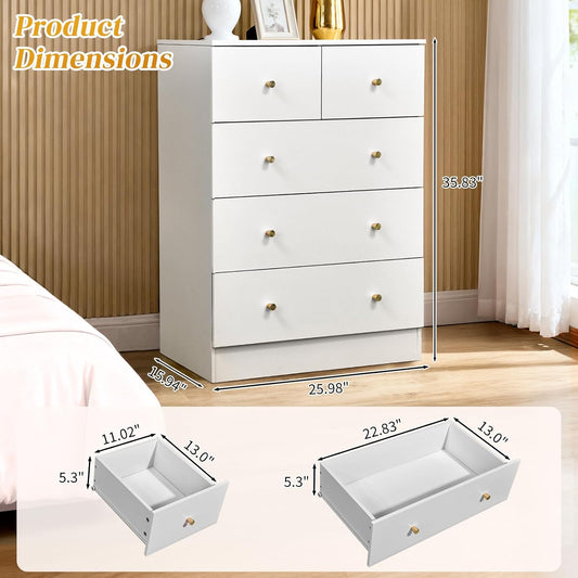 White 5 Drawer Dresser for Bedroom, Tall Dresser Chest of Drawers, Rustic Wood Bedroom Dressers Clothes Organizer, Anti-Tipping Device, Rose Gold Metal Handle, Living Room, Entryway, Office