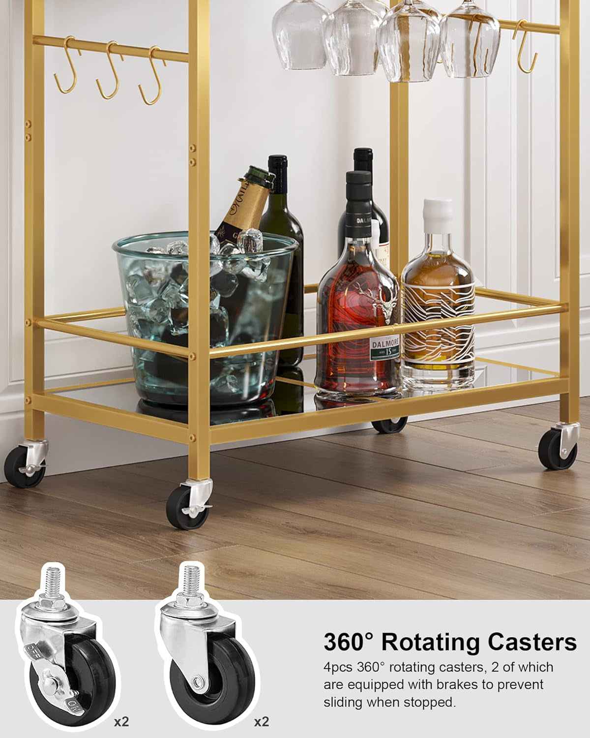 Bar Cart, Serving Cart for Home, Drink Cart, Mobile Kitchen Shelf with Wine Rack and Glass Holder, Rolling Beverage Cart, Gold BC01BB031