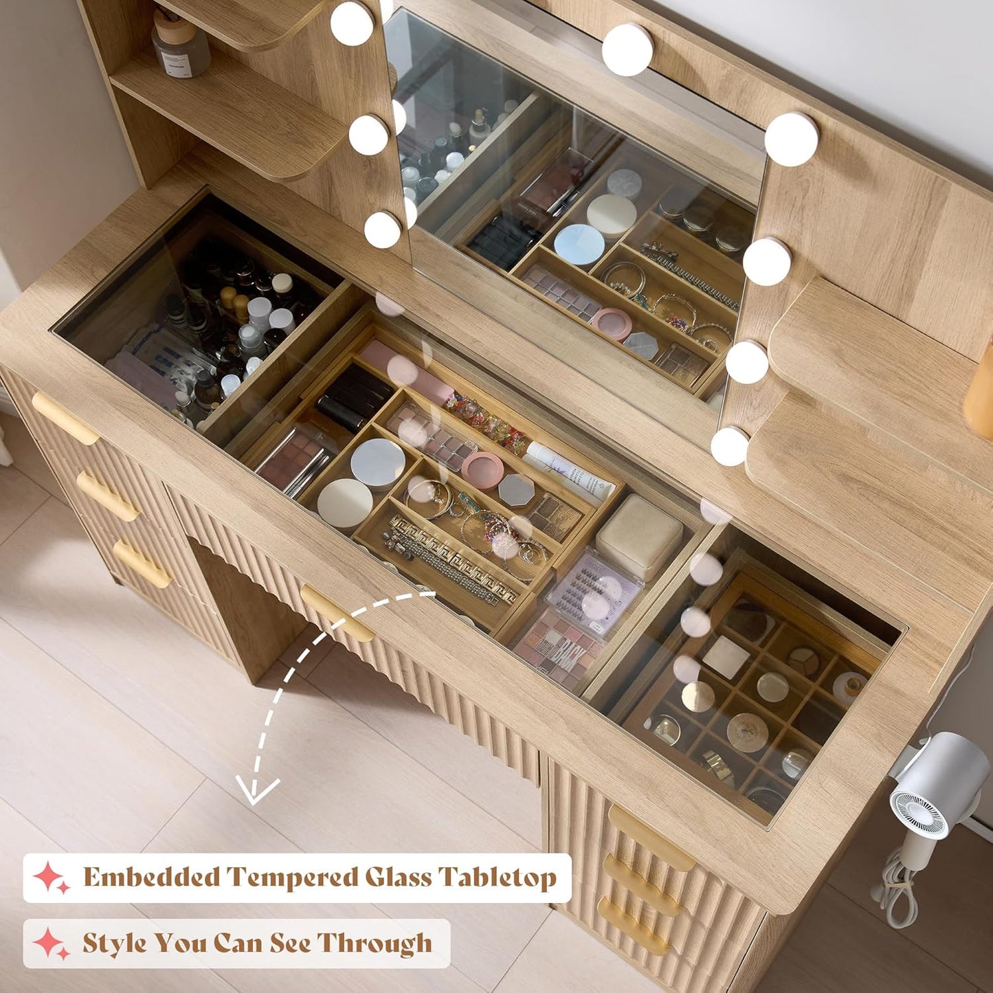 47.2" Fluted Vanity Desk with Mirror and Adjustable LED Lights, Large 7 Drawers Makeup Table with Glass Top and Charging Station for Women and Girls, Bedroom or Dorm, Natural Oak