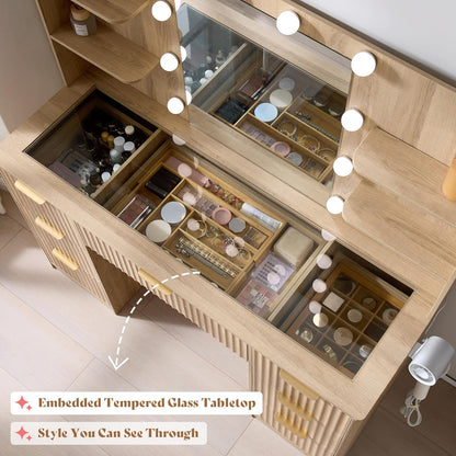 47.2" Fluted Vanity Desk with Mirror and Adjustable LED Lights, Large 7 Drawers Makeup Vanity Table with Glass Top and Charging Station for Women and Girls, Bedroom or Dorm, Natural Oak