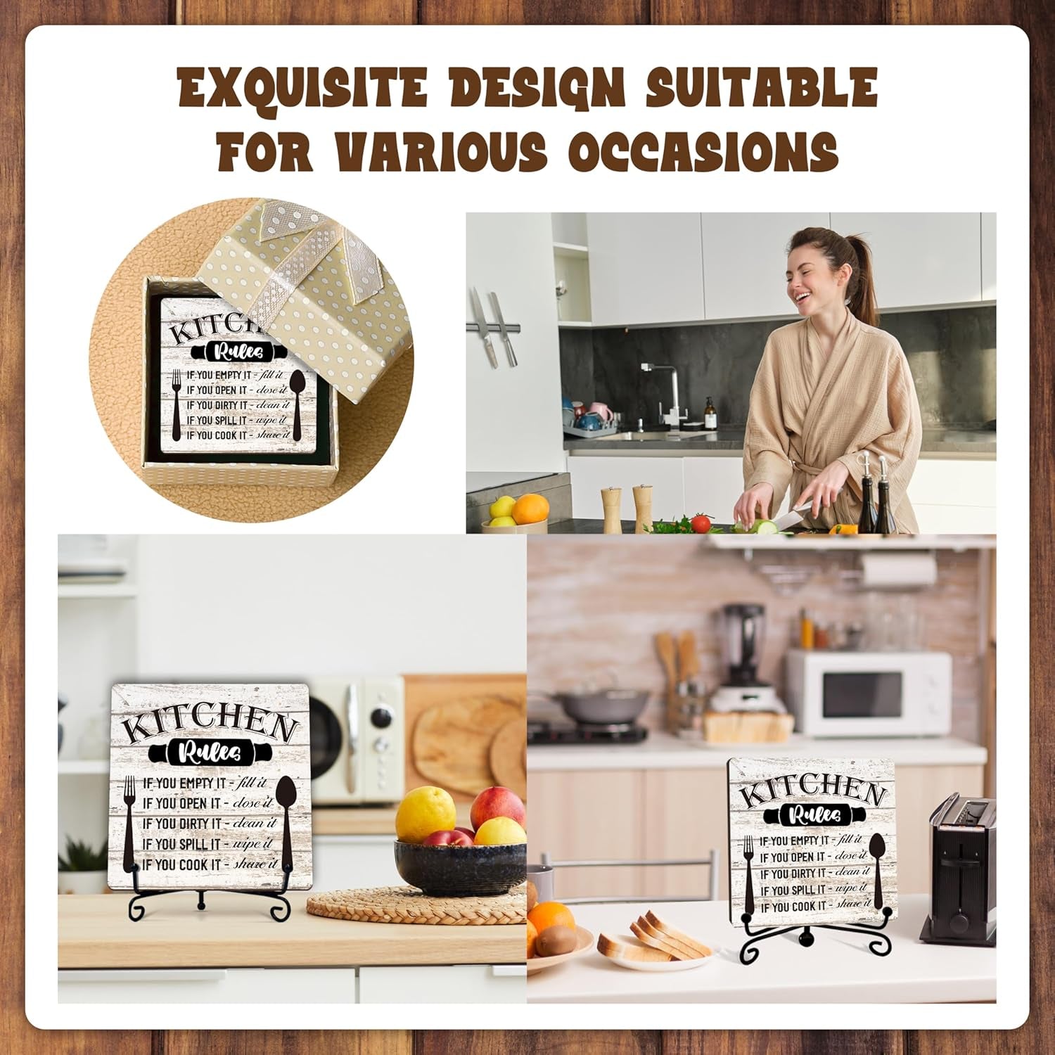 Rustic Wood Plaque with Stand - Kitchen Decor - Kitchen Rules Wood Sign - Idea Wooden Decor for Home Living Room Dining Room Shelf Table Decoration (31)