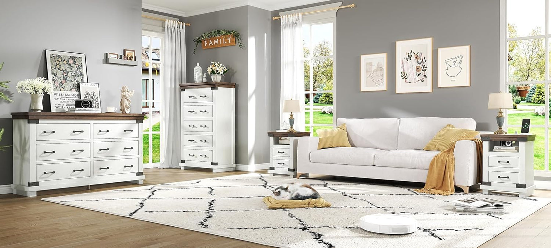 4 Pieces Farmhouse Bedroom Set, Includes 6 Drawer Large Dresser Chest, 5 Drawer Tall Dresser Chest, Nightstand Set of 2 with Charging Station, Wood Rustic Chest of Drawer, Living Room, White