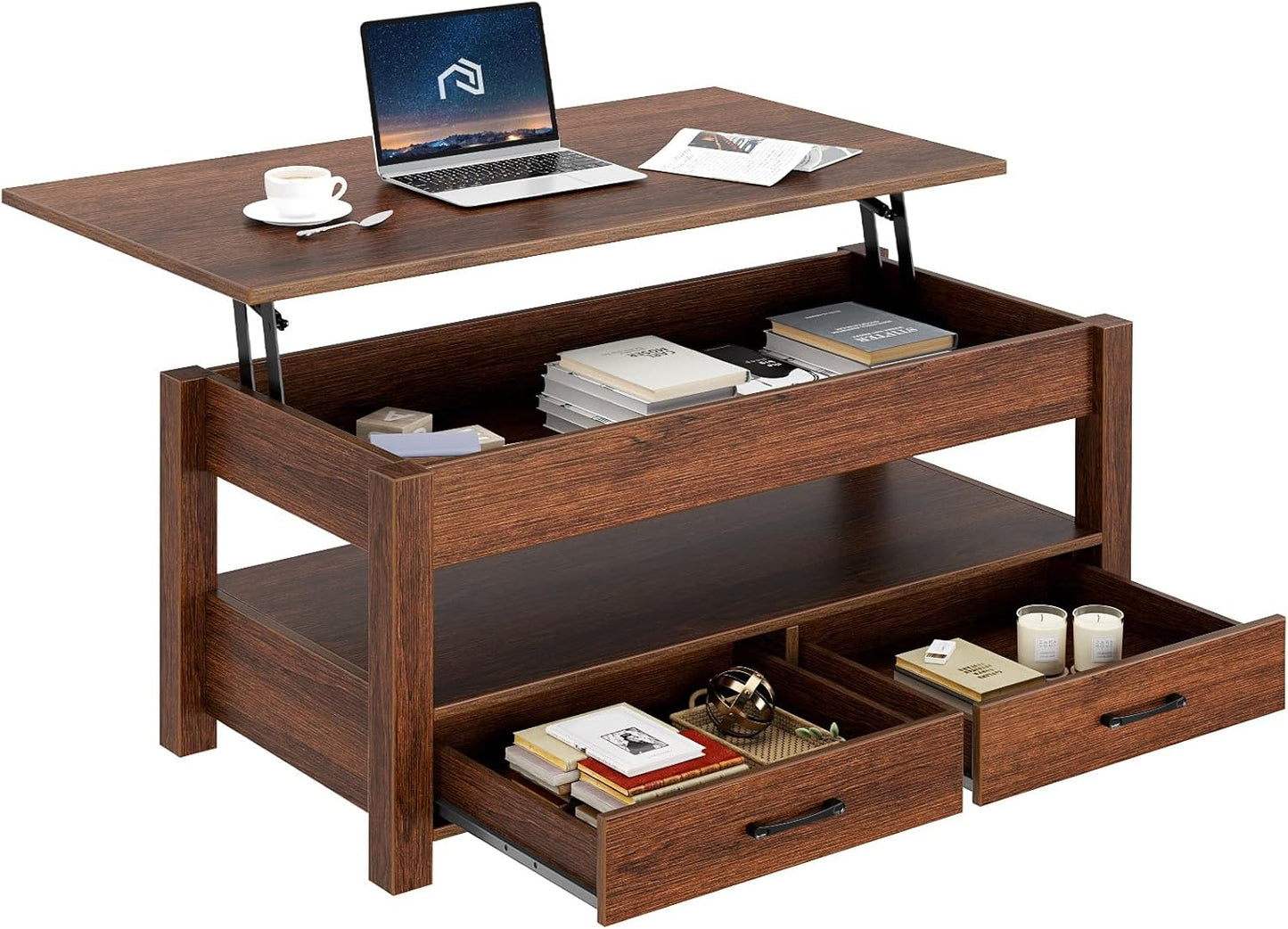 Coffee Table, Lift Top Coffee Table with Drawers and Hidden Compartment, Retro Central Table with Wooden Lift Tabletop, for Living Room,Espresso