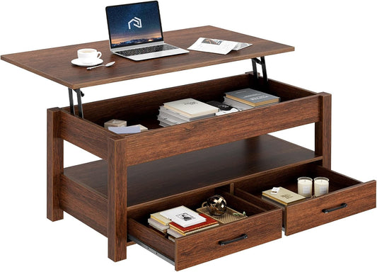 Coffee Table, Lift Top Coffee Table with Drawers and Hidden Compartment, Retro Central Table with Wooden Lift Tabletop, for Living Room,Espresso