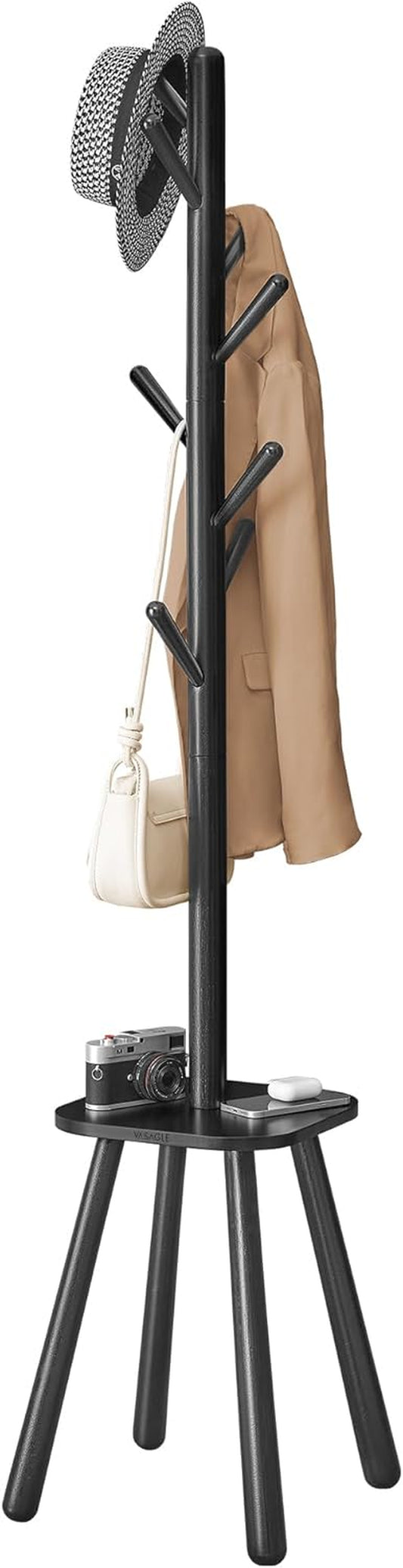 Coat Rack, Free Standing Coat Stand, Hall Coat Tree with 8 Hooks and Storage Shelf, 67.1 Inch Tall, for Coats, Hats, Bags, for Entryway, Hallway, Bedroom, Ink Black URCR033B01