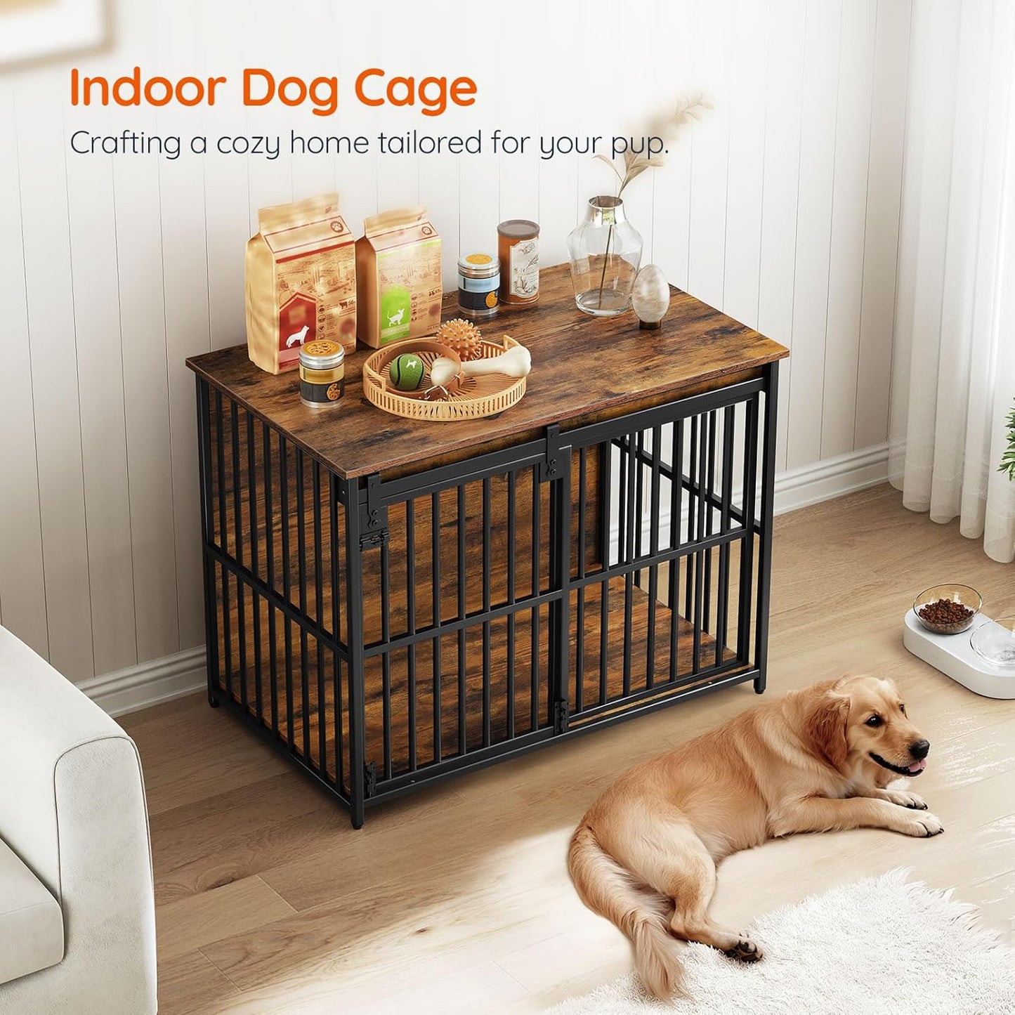 Dog Crate Furniture, 36.6" Heavy Duty Dog Kennel with Sliding Barn Door, Wooden Dog Cage Indoor, Decorative Side End Table for Small/Medium Dogs, Greige and Black GY162GW03G1
