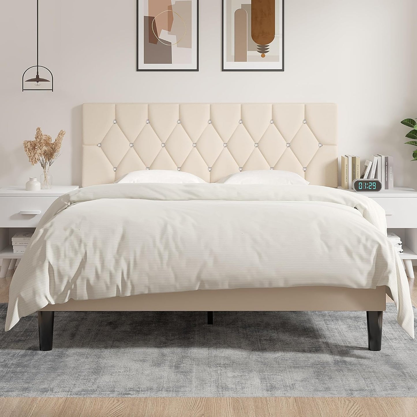 Tufted Upholstered Headboard Queen Size, with 6 Adjustable Height from 39.8" to 49.8", Button Diamond Design, Easy Assembly, Beige