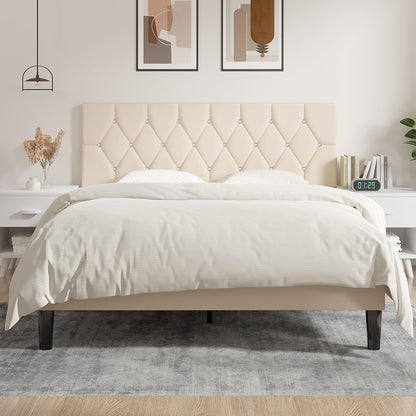 Tufted Upholstered Headboard Queen Size, with 6 Adjustable Height from 39.8" to 49.8", Button Diamond Design, Easy Assembly, Beige