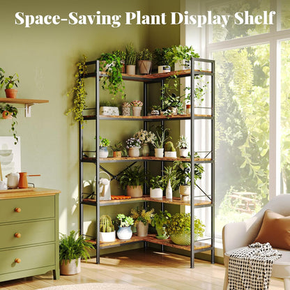5 Tier Bookshelf, L Shaped Corner Bookshelf with 10 Open Shelves, 49.4 Inch Straight Wide Bookcase with Metal Frame and Wooden Board, Adjustable Feet, Rustic Brown
